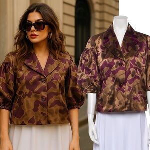 ETRO Milano Puff Sleeve Satin Blazer Abstract Purple Print Italy Sz 46 US -M/L